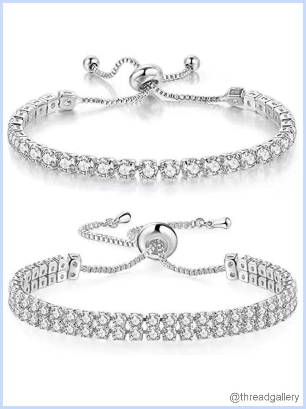 2Pcs White Gold-Plated Tennis Bracelet with Cubic Zirconia, Adjustable